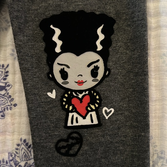 Cutest Halloween leggings ever! Grey w/fuzzy frankenstein & bride - Picture 4 of 6